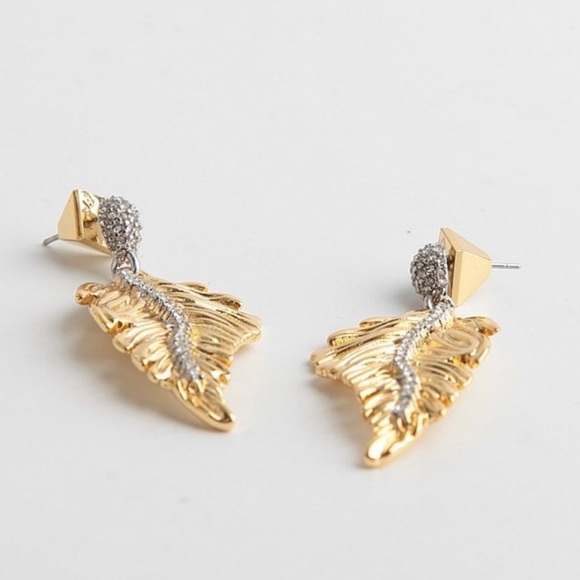 Alexis Bittar Gold Georgian Feather Swarovski Crystal Post Drop Hinged Earrings - Picture 4 of 15